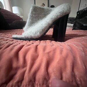 TIBI Fuzzy Open-Toe Mule Heels in Light Gray